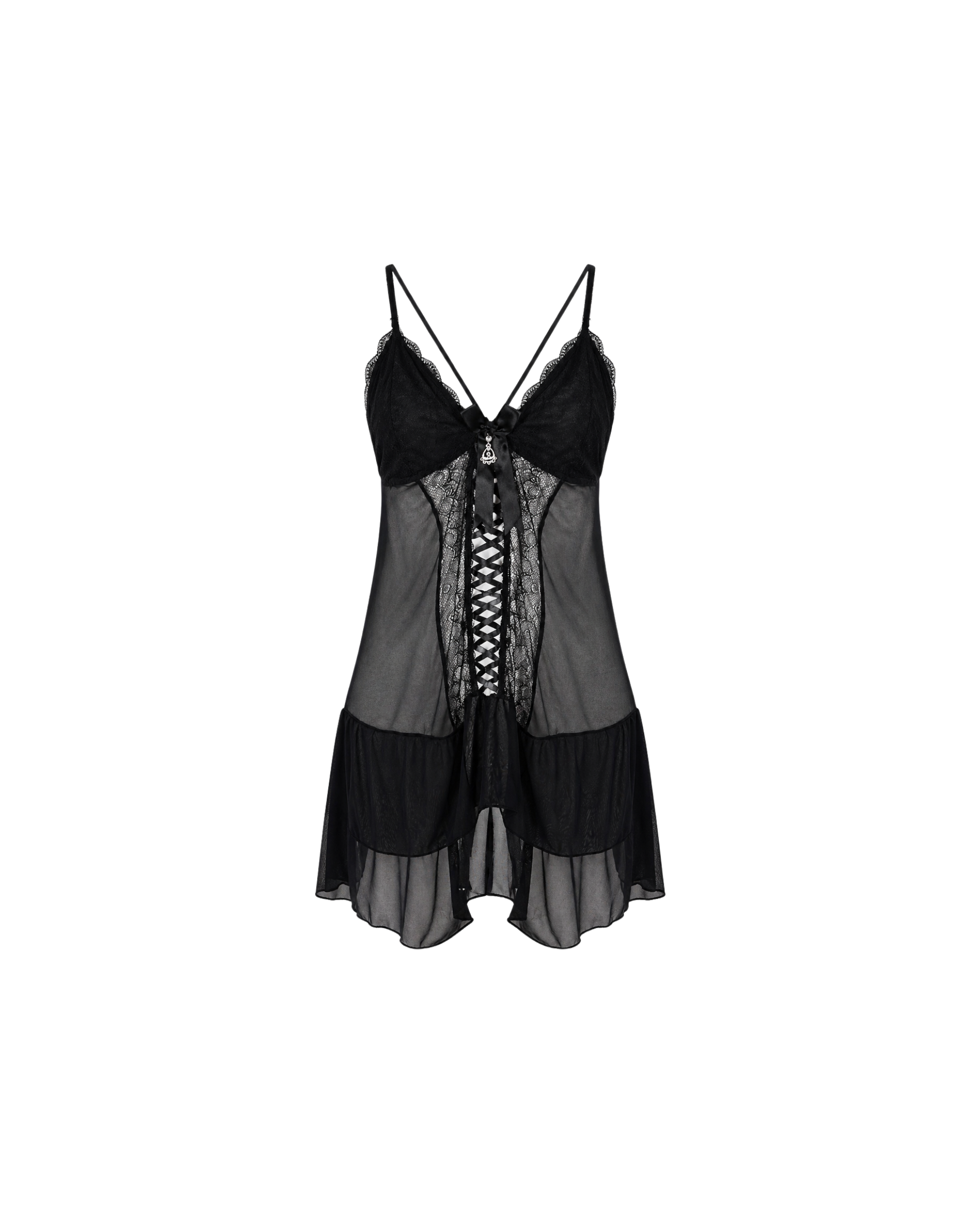 Nuisette Noire Dentelle & Voile — Corset Lacets & String Assorti