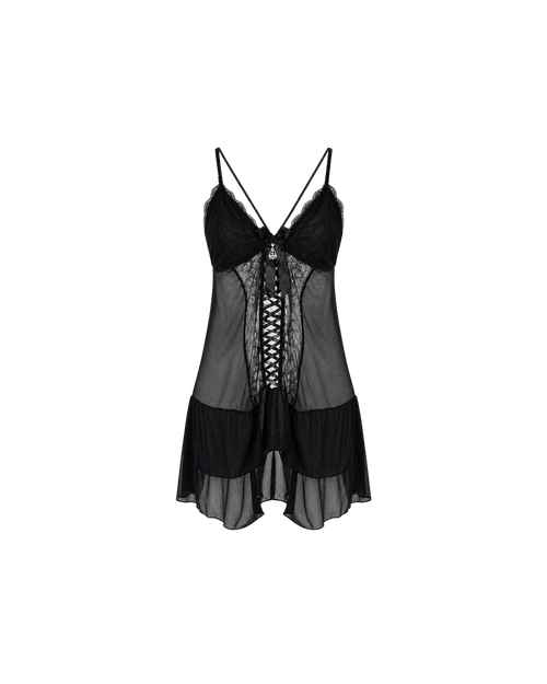 Nuisette Noire Dentelle & Voile — Corset Lacets & String Assorti
