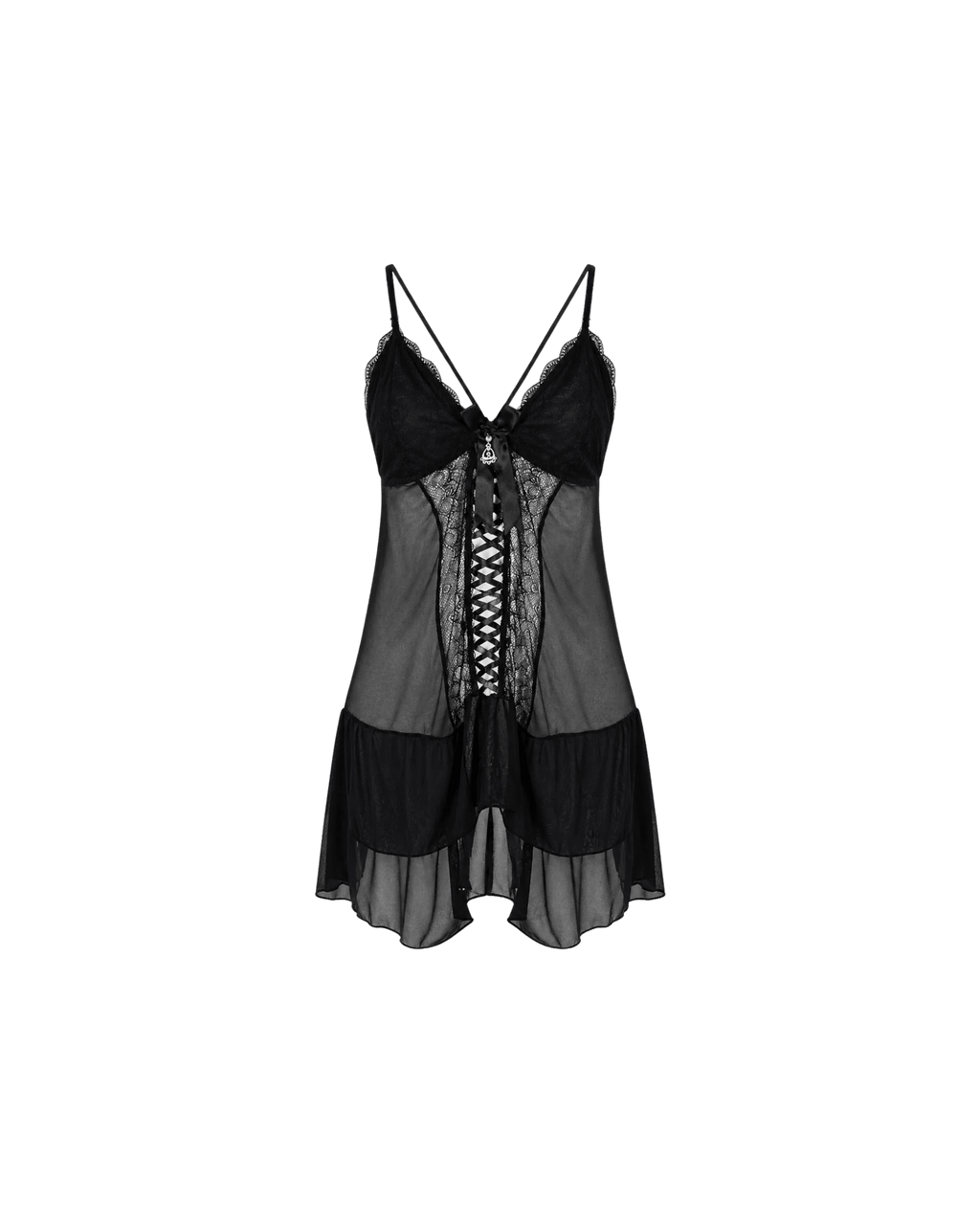 Nuisette Noire Dentelle & Voile — Corset Lacets & String Assorti - La Sprezzatura pyjamas