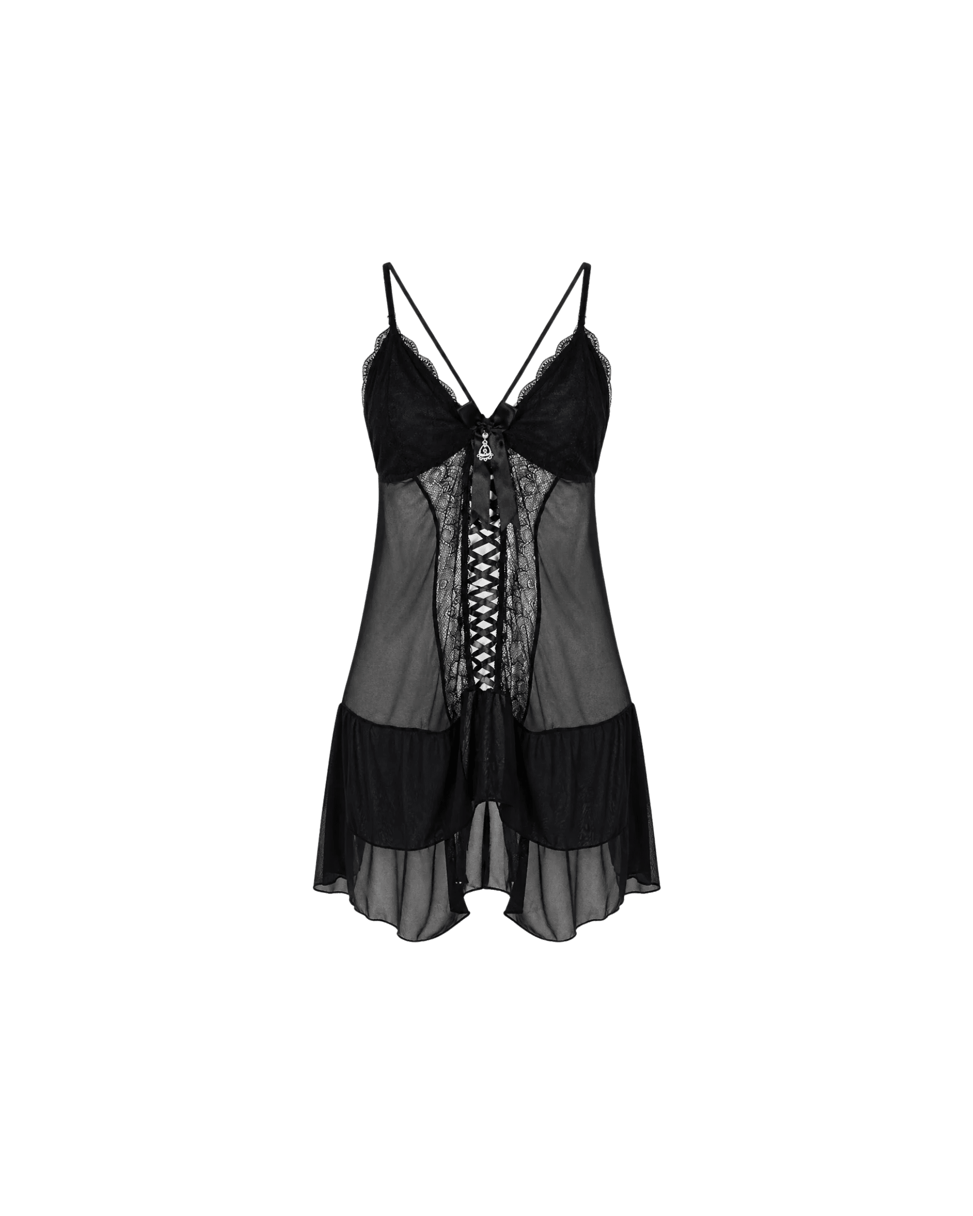 Nuisette Noire Dentelle & Voile — Corset Lacets & String Assorti - La Sprezzatura pyjamas