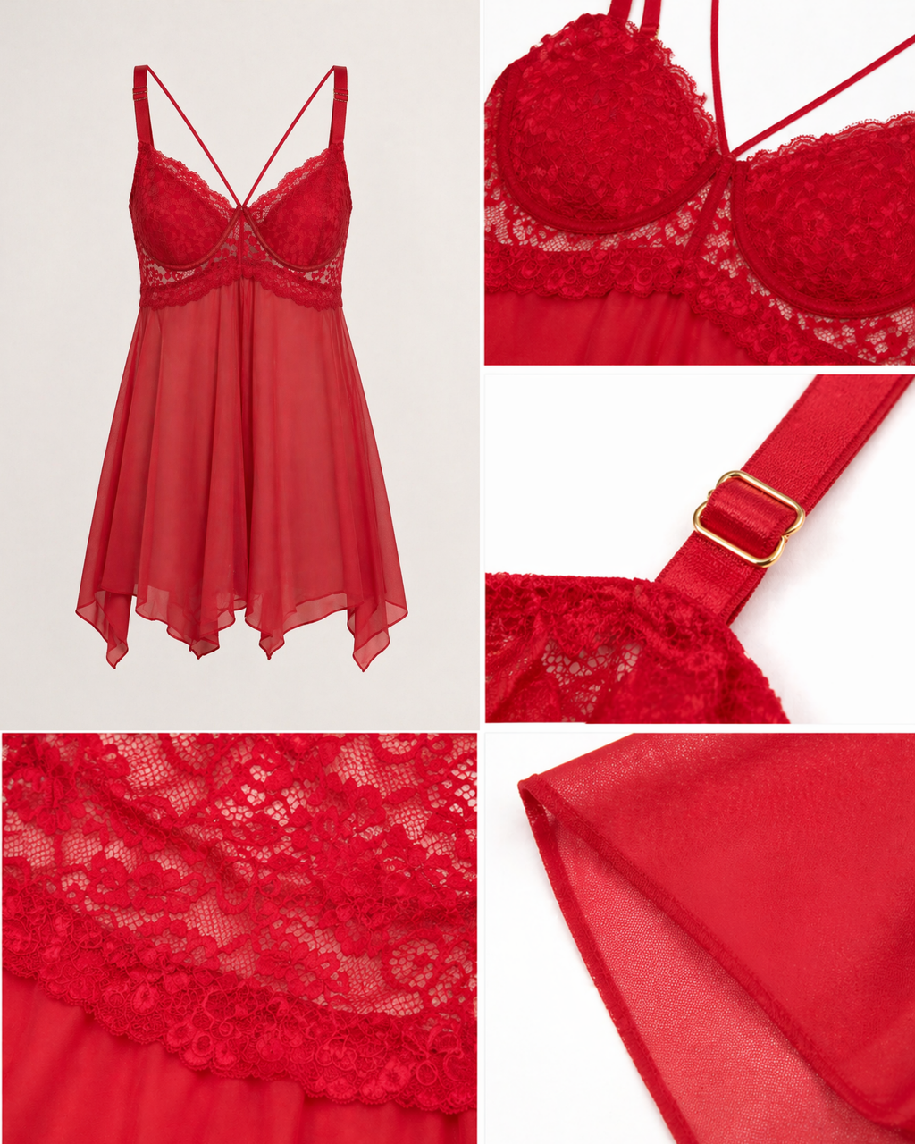 NUISETTE ROUGE EN DENTELLE AVEC STRING ASSORTI