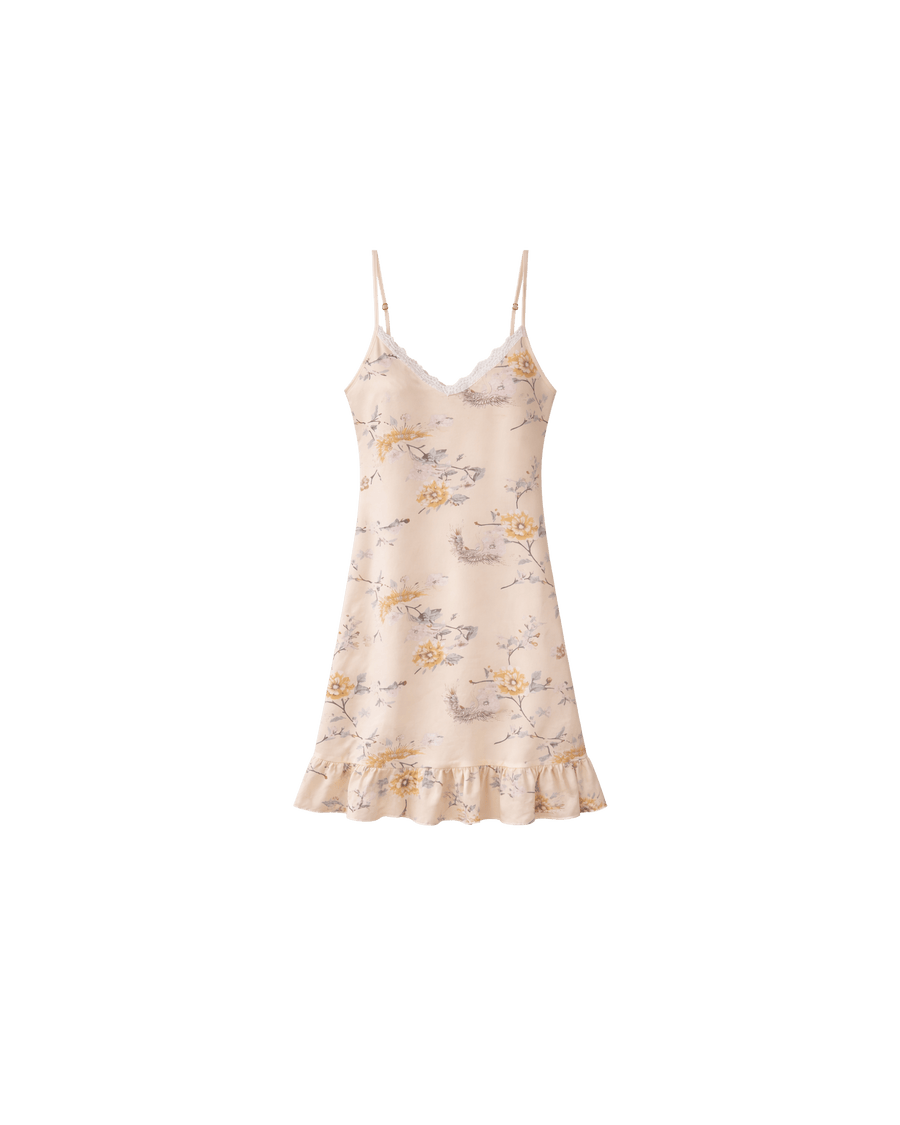 Nuisette Satin Florale Crème avec Dentelle et Volant