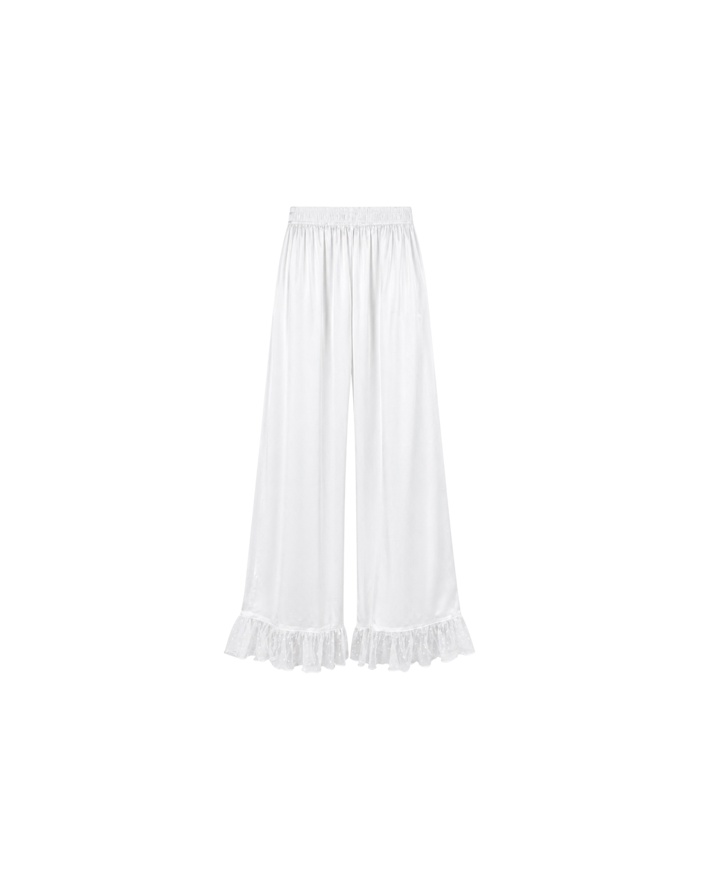 Pyjama Satin Blanc 2 Pièces — Chemise Transparente & Pantalon Volants