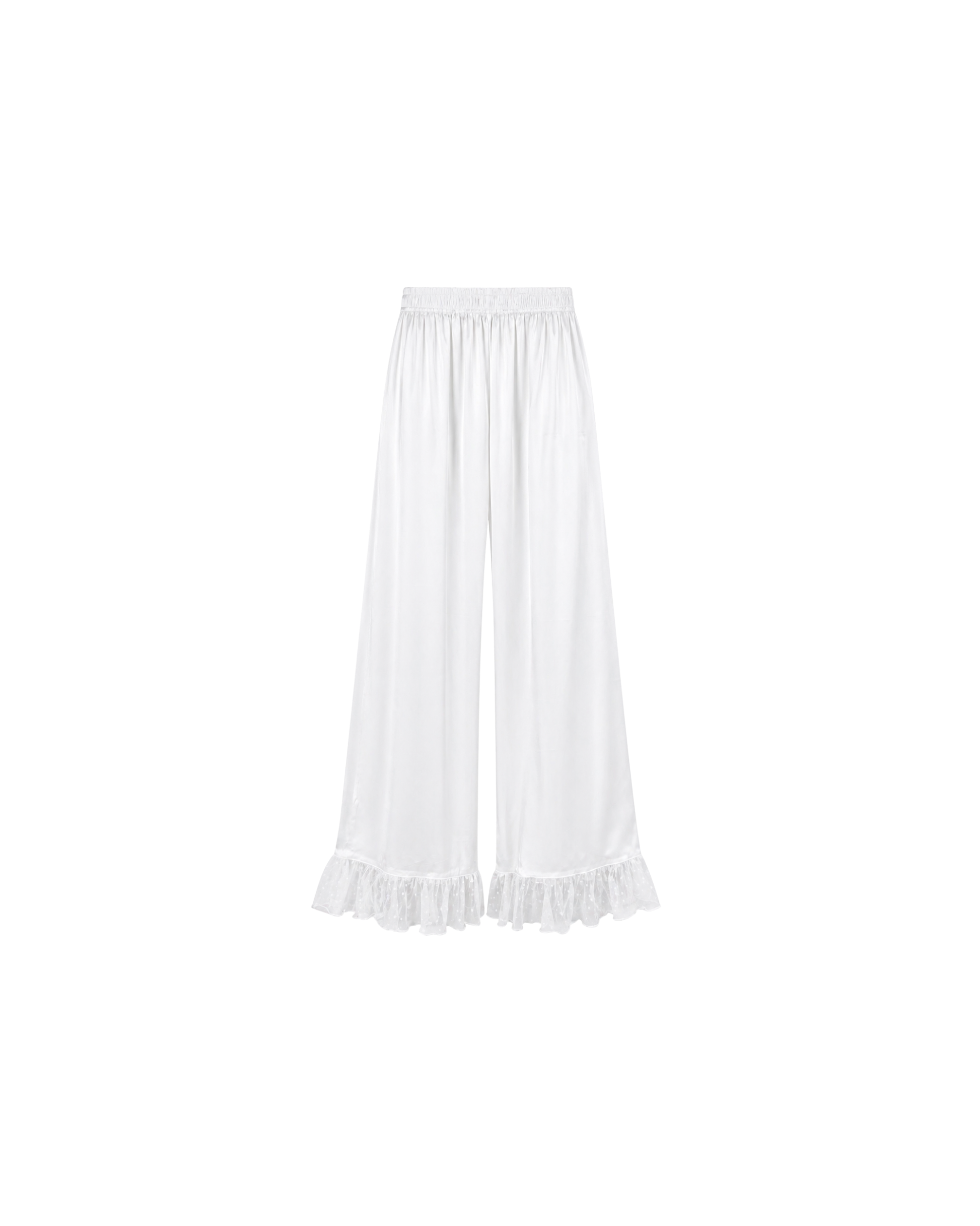 Pyjama Satin Blanc 2 Pièces — Chemise Transparente & Pantalon Volants