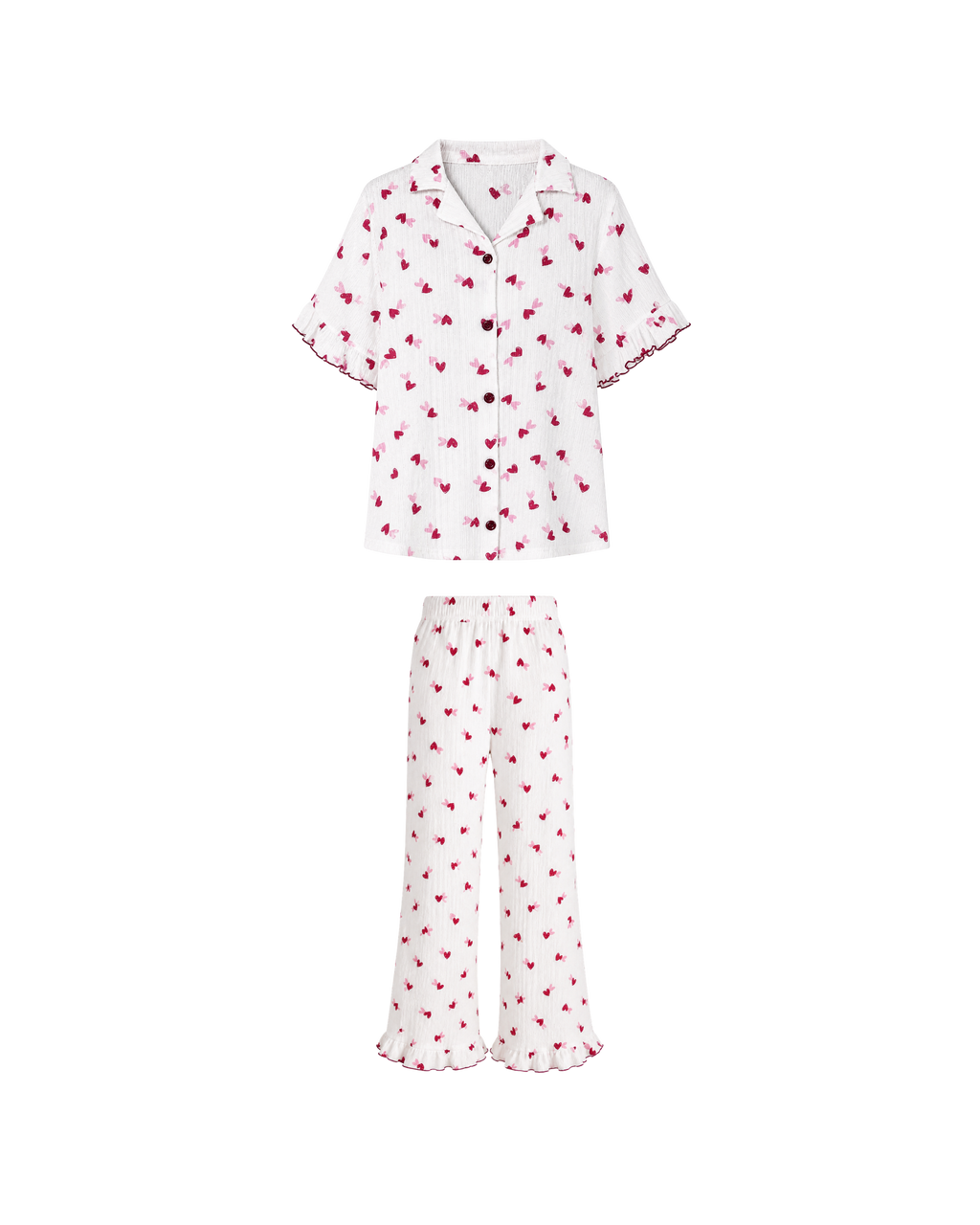 Pyjama Blanc 2 Pièces — Imprimé Cœurs Rose & Fuchsia