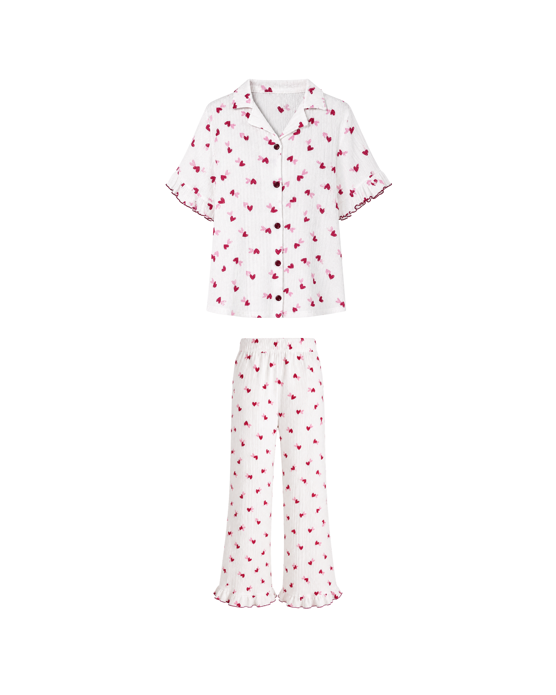 Pyjama Blanc 2 Pièces — Imprimé Cœurs Rose & Fuchsia