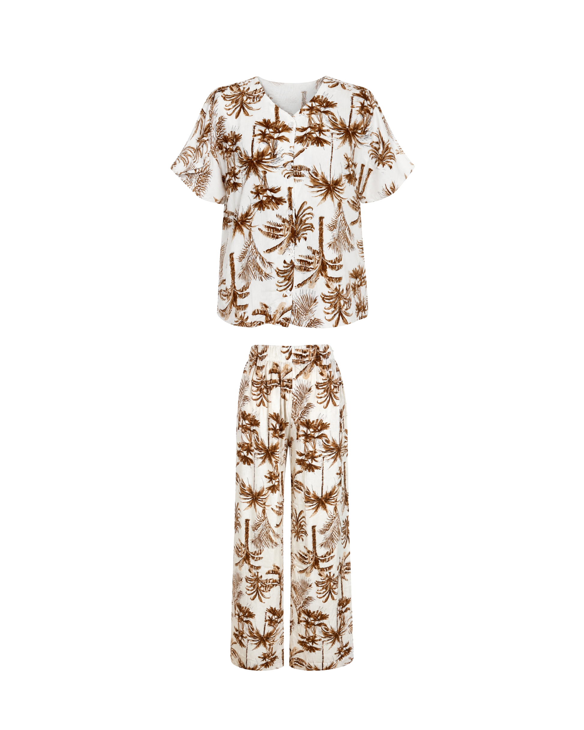 Pyjama Blanc 2 Pièces — Imprimé Palmiers Caramel