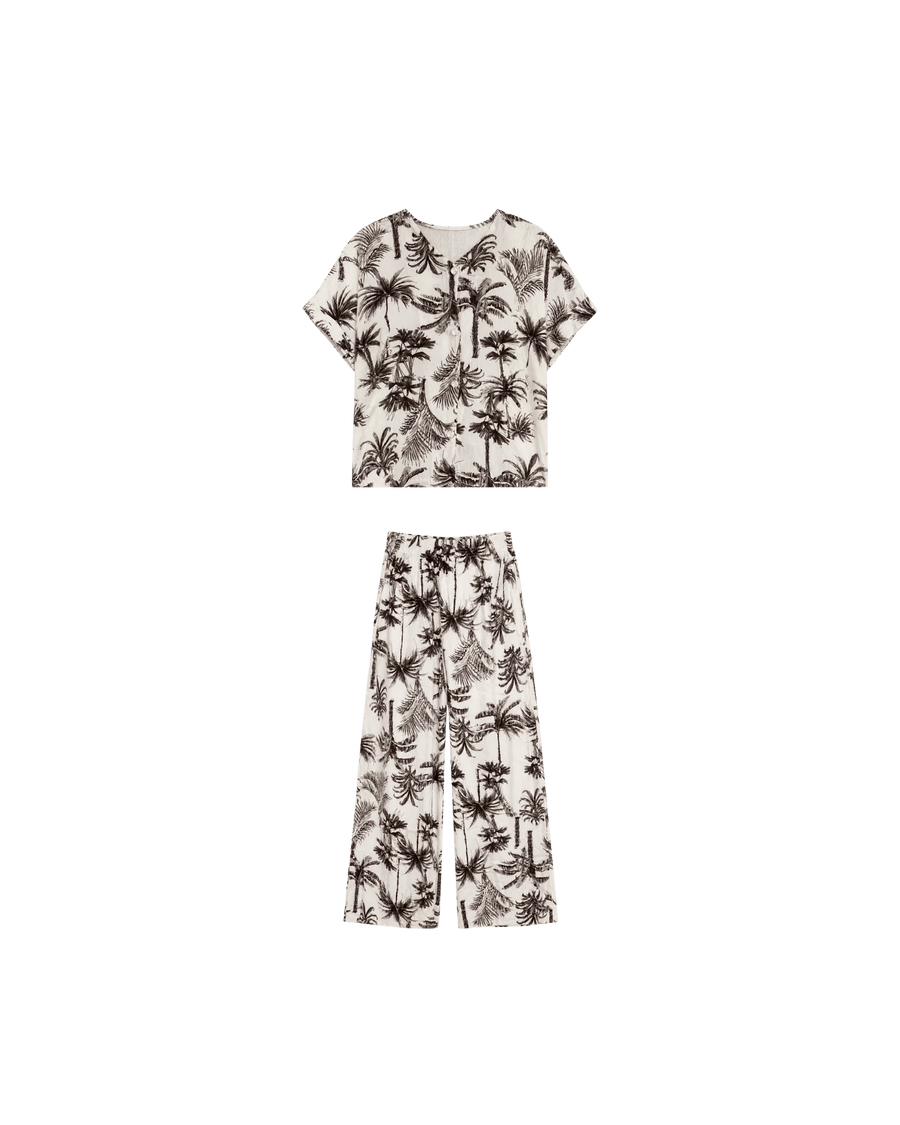 Pyjama Blanc 2 Pièces — Imprimé Palmiers Noir & Brun