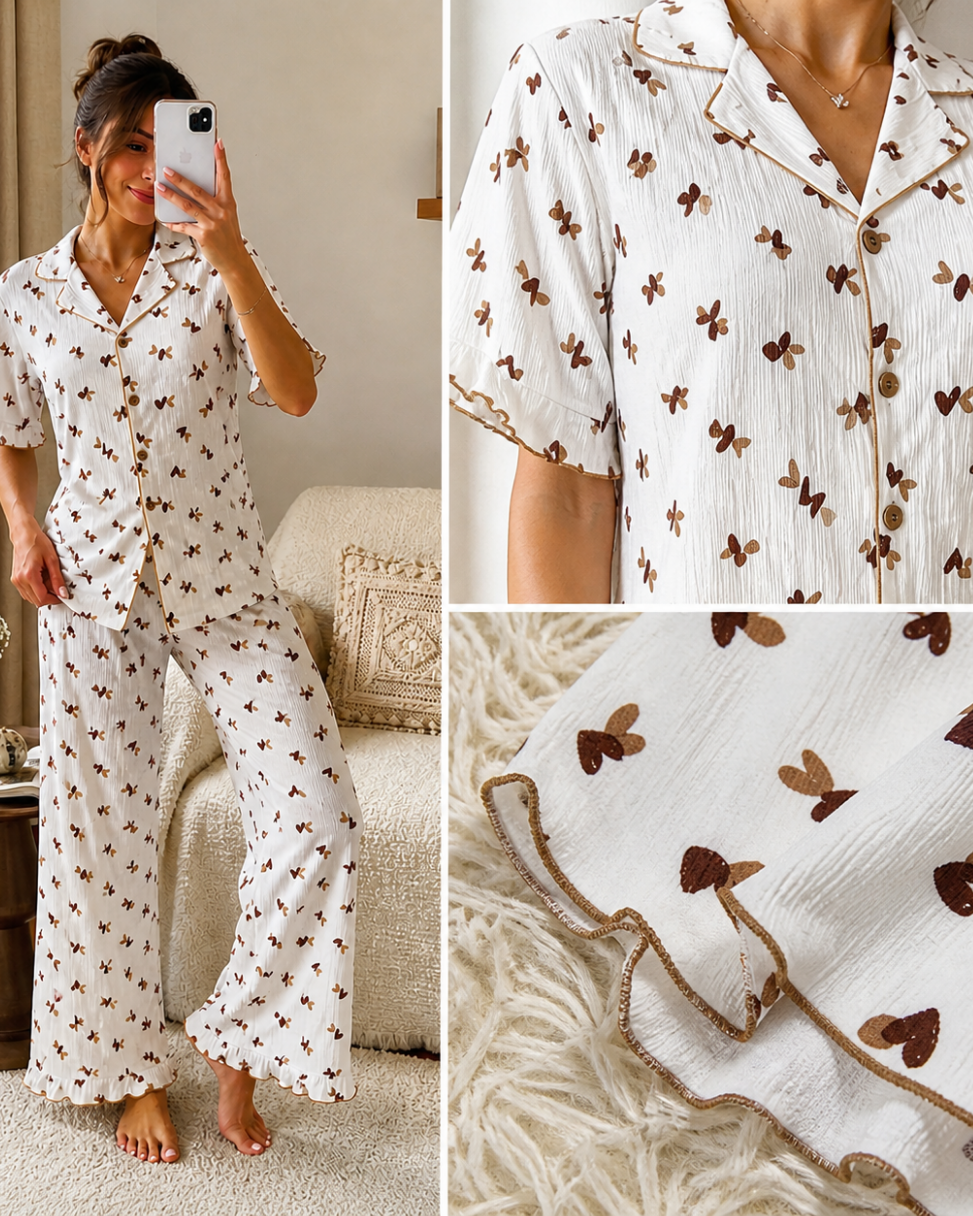 Pyjama Blanc 2 Pièces — Imprimé Cœurs Chocolat