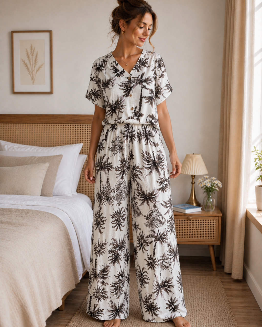 Pyjama Blanc 2 Pièces — Imprimé Palmiers Noir & Brun