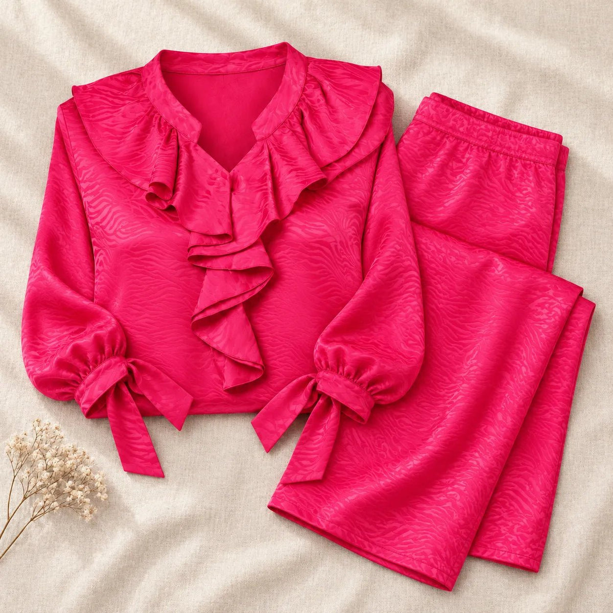 Pyjama Satin Jacquard Fuchsia à Volants – Palazzo - La Sprezzatura pyjamas