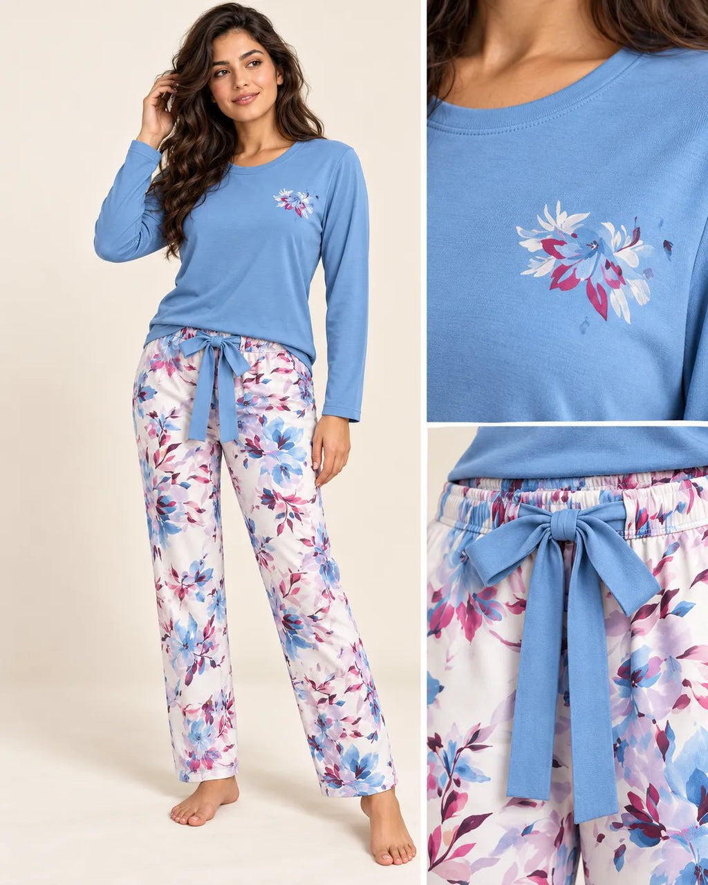 Pyjama Femme Bleu Ciel Fleuri à Manches Longues - La Sprezzatura pyjamas