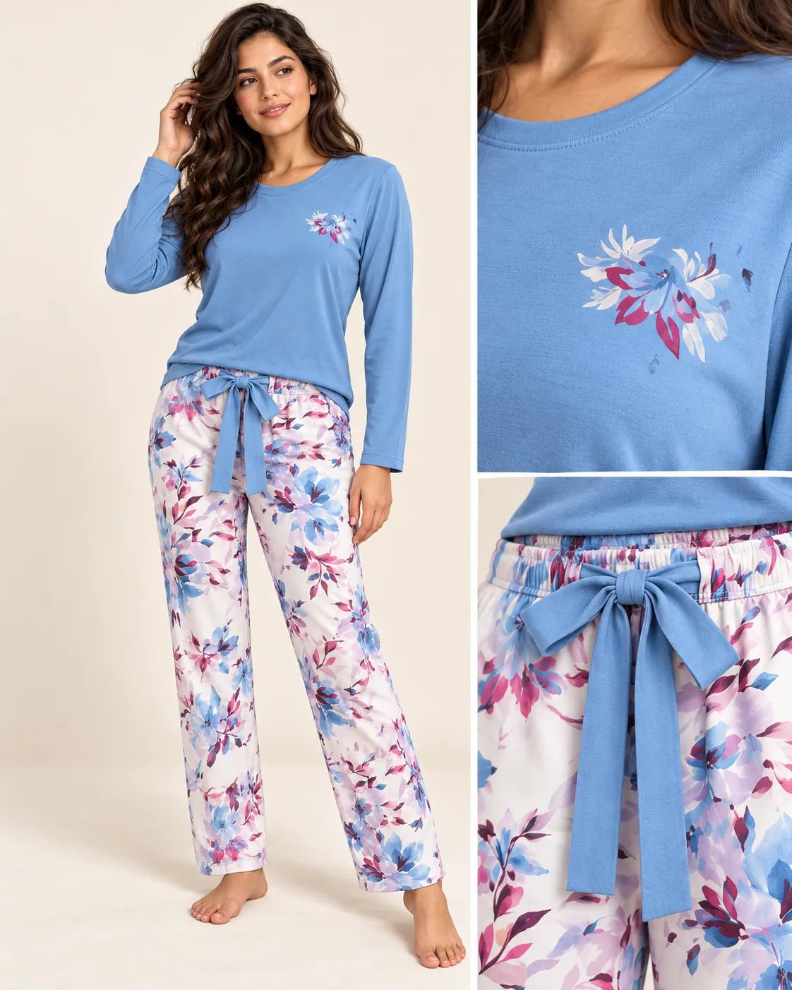 Pyjama Femme Bleu Ciel Fleuri à Manches Longues - La Sprezzatura pyjamas