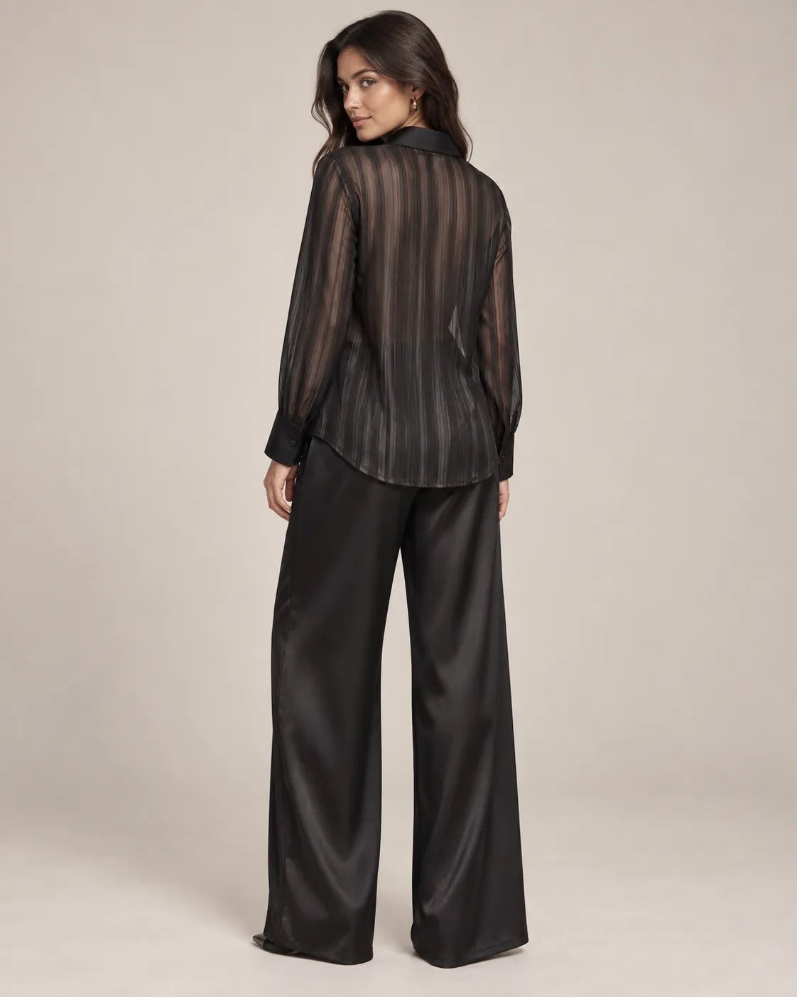 Pyjama Femme Noir Satin – Chemise Transparente & Pantalon Large - La Sprezzatura pyjamas