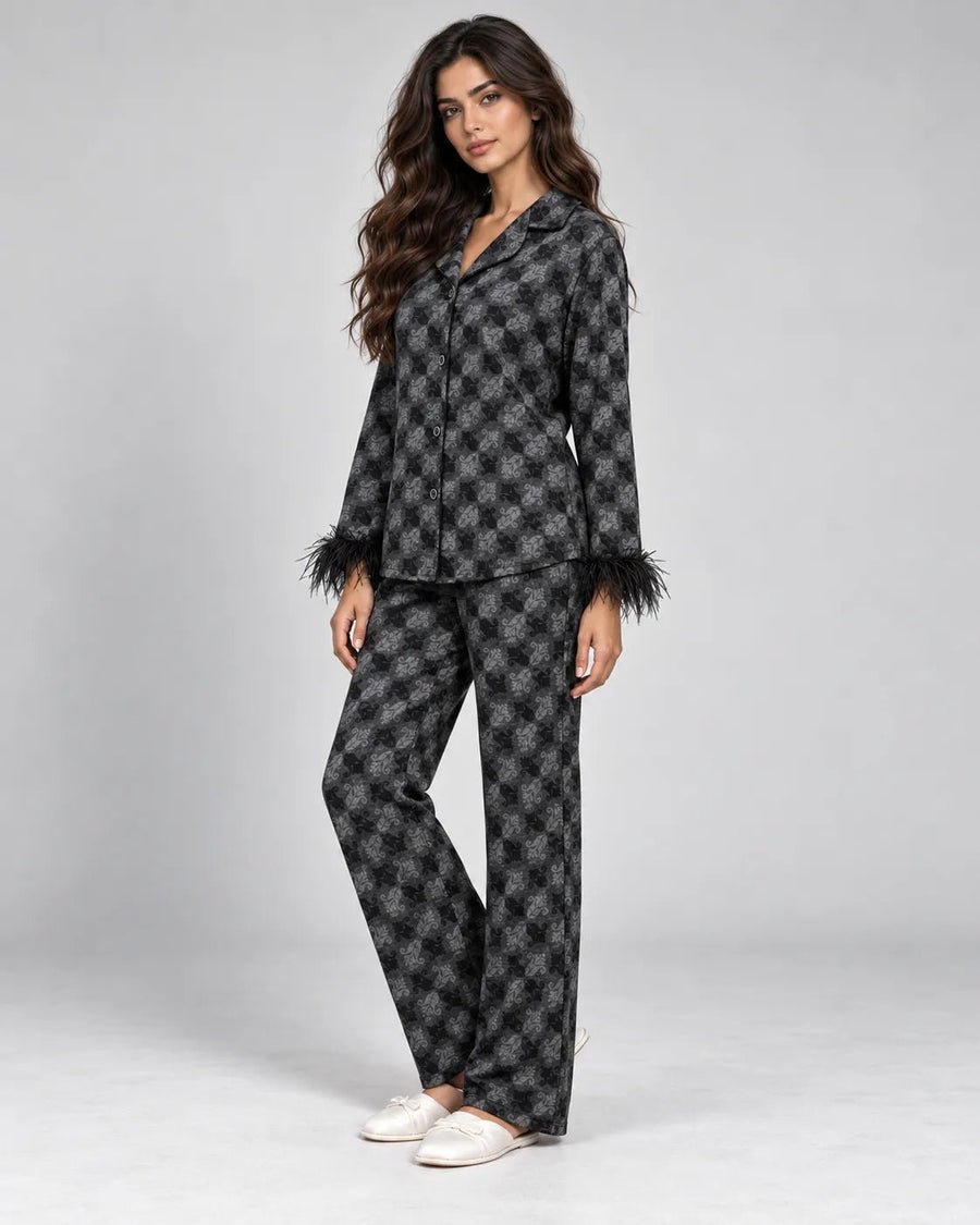 Pyjama Femme Noir & Gris à Plumes – Ensemble 2 Pièces