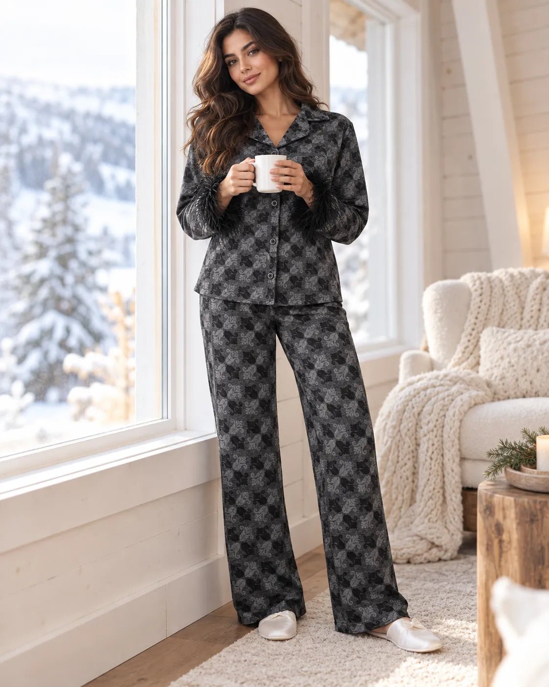 Pyjama Femme Noir & Gris à Plumes – Ensemble 2 Pièces - La Sprezzatura pyjamas