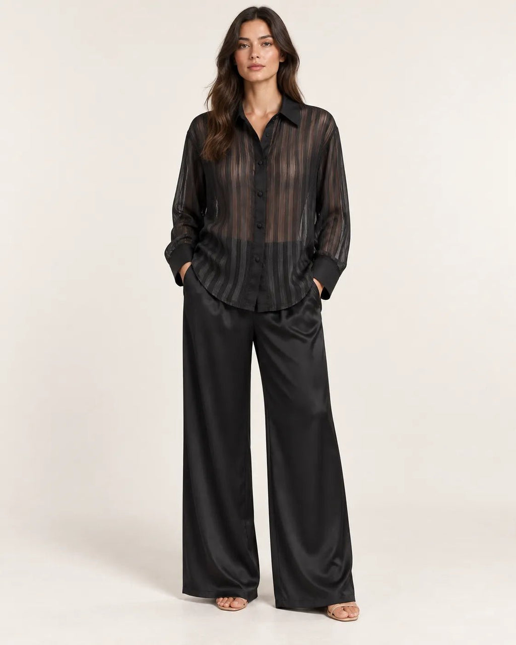 Pyjama Femme Noir Satin – Chemise Transparente & Pantalon Large - La Sprezzatura pyjamas