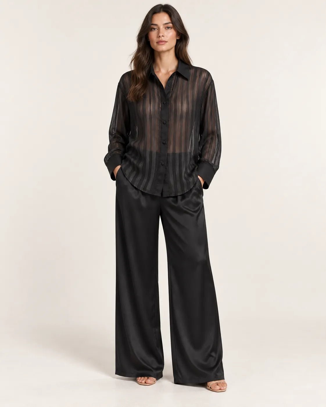 Pyjama Femme Noir Satin – Chemise Transparente & Pantalon Large - La Sprezzatura pyjamas