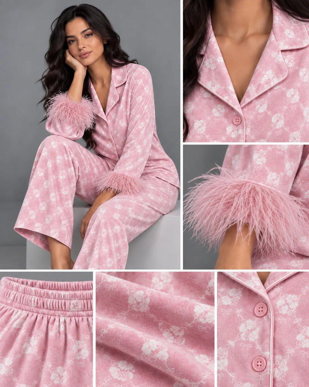 Pyjama Femme Rose Fleuri à Plumes – Ensemble 2 Pièces - La Sprezzatura pyjamas