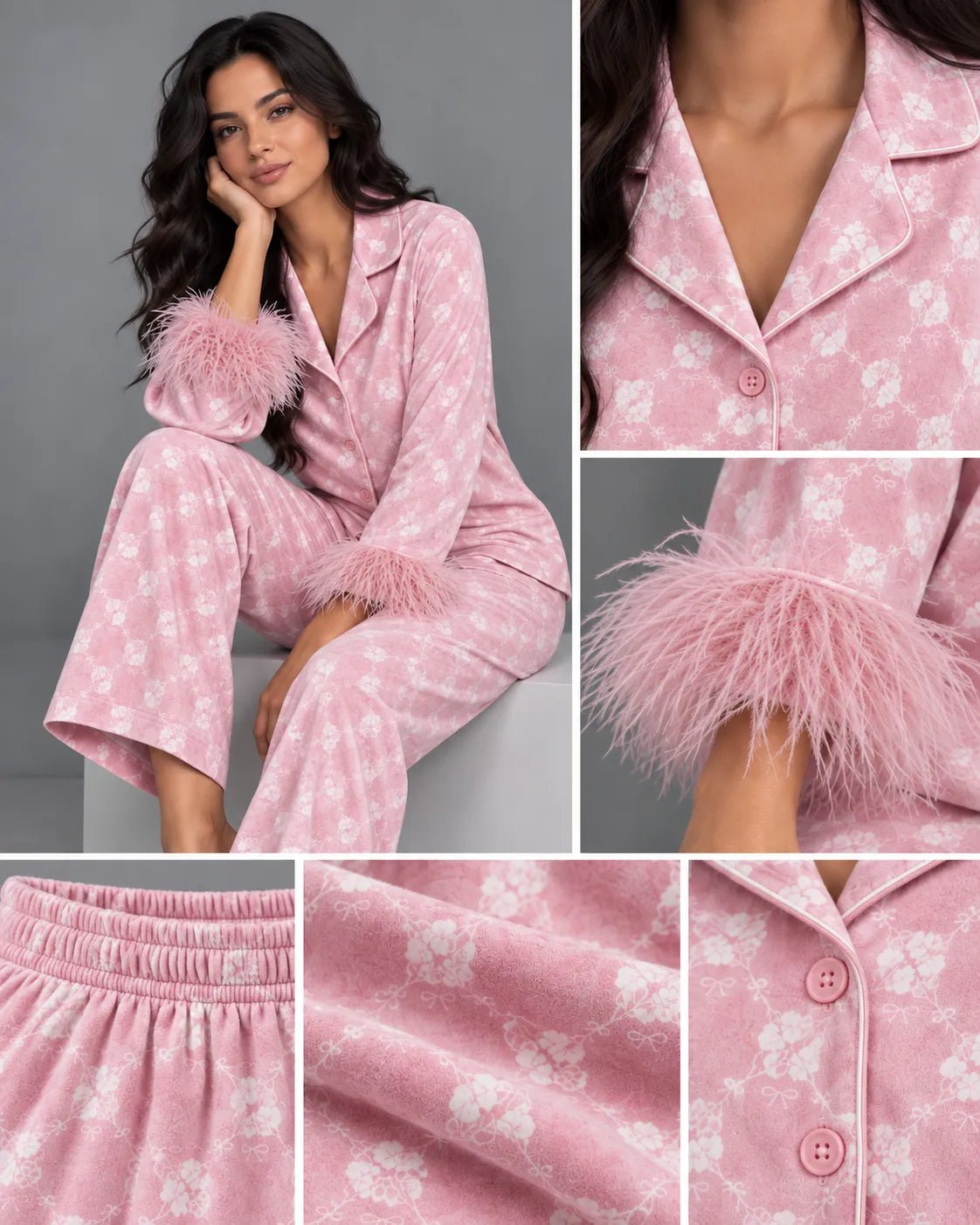 Pyjama Femme Rose Fleuri à Plumes – Ensemble 2 Pièces - La Sprezzatura pyjamas