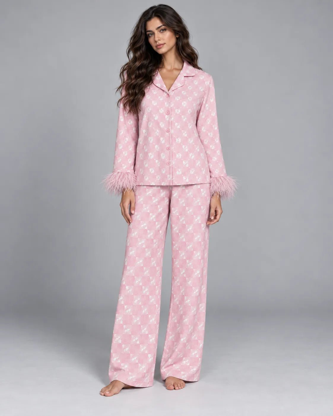 Pyjama Femme Rose Fleuri à Plumes – Ensemble 2 Pièces - La Sprezzatura pyjamas