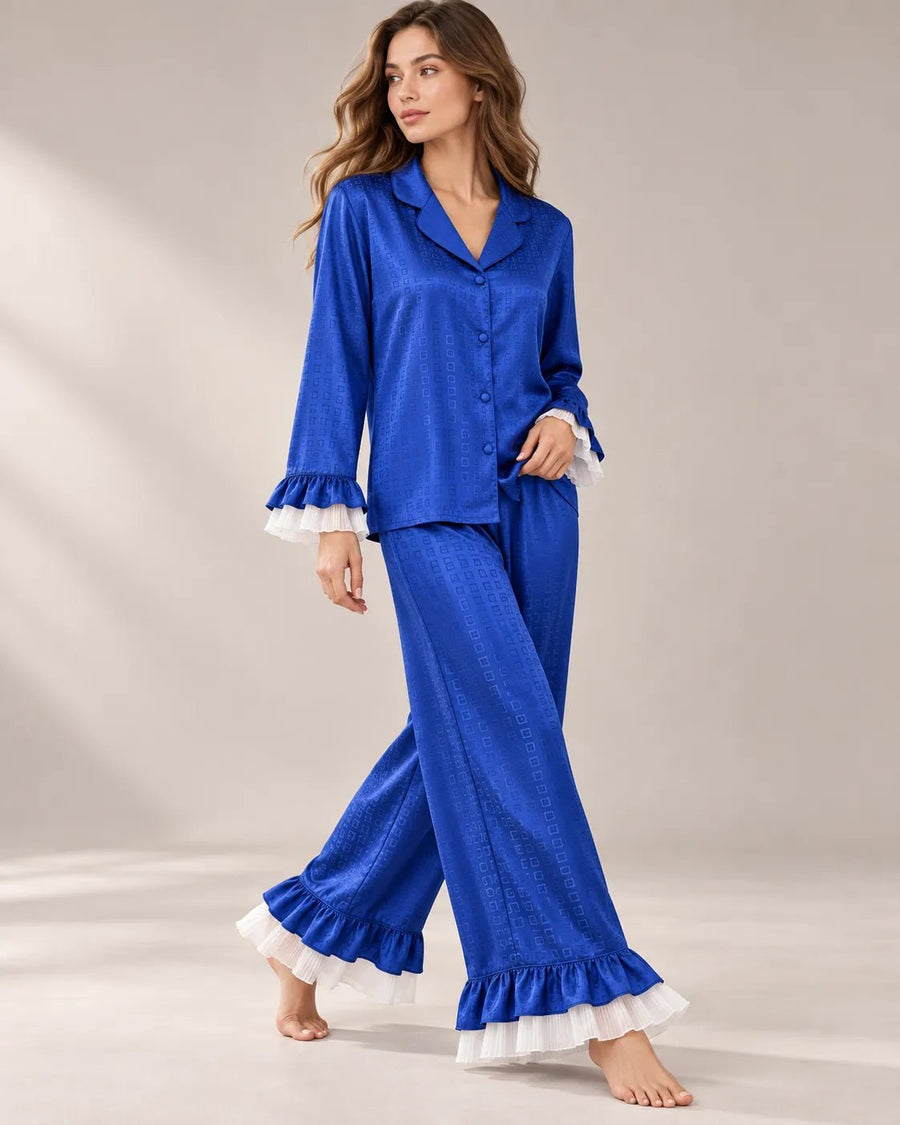 Pyjama Femme Satin Jacquard Fluide Bleu Royal à Volants