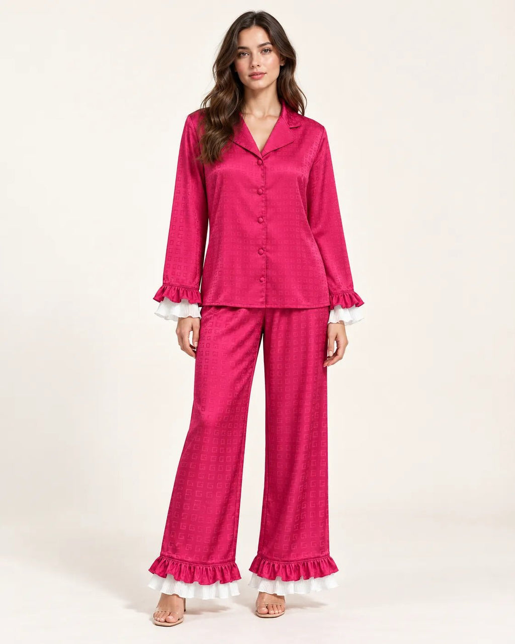 Pyjama Femme Satin Jacquard Extra Fluide Fuchsia à Volants - La Sprezzatura pyjamas