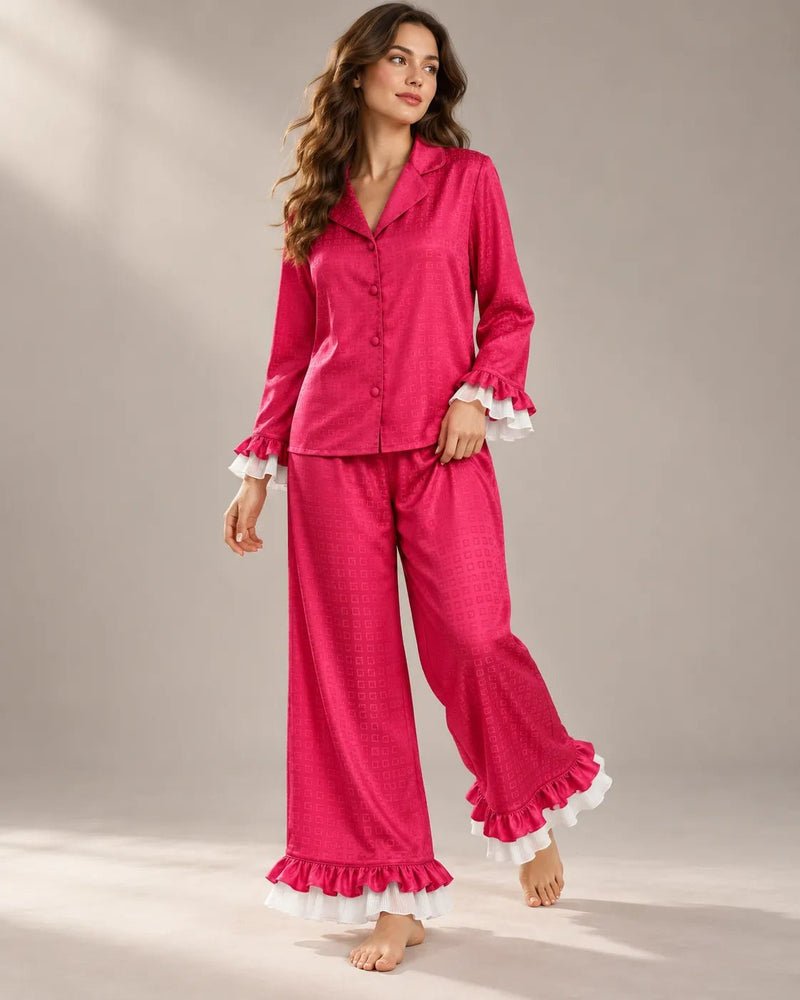 Pyjama Femme Satin Jacquard Extra Fluide Fuchsia à Volants