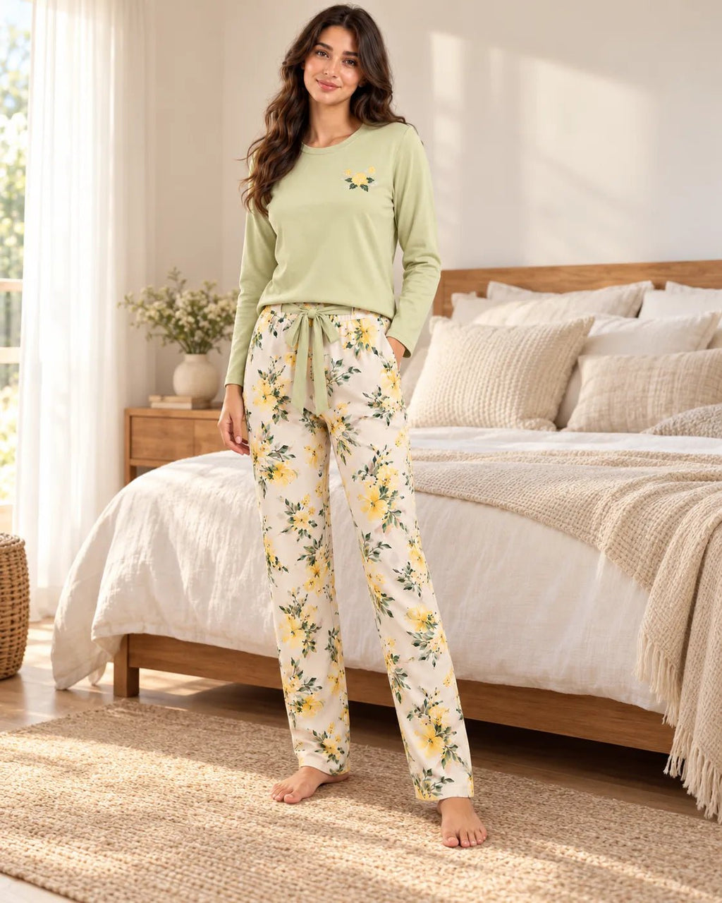Pyjama Femme Vert Sauge Fleuri à Manches Longues - La Sprezzatura pyjamas