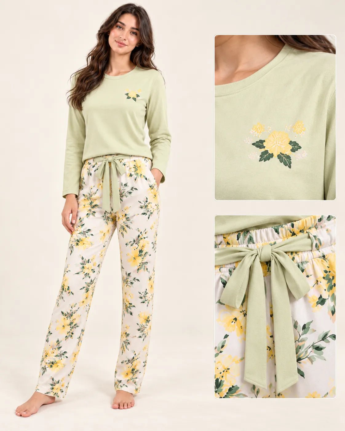 Pyjama Femme Vert Sauge Fleuri à Manches Longues - La Sprezzatura pyjamas