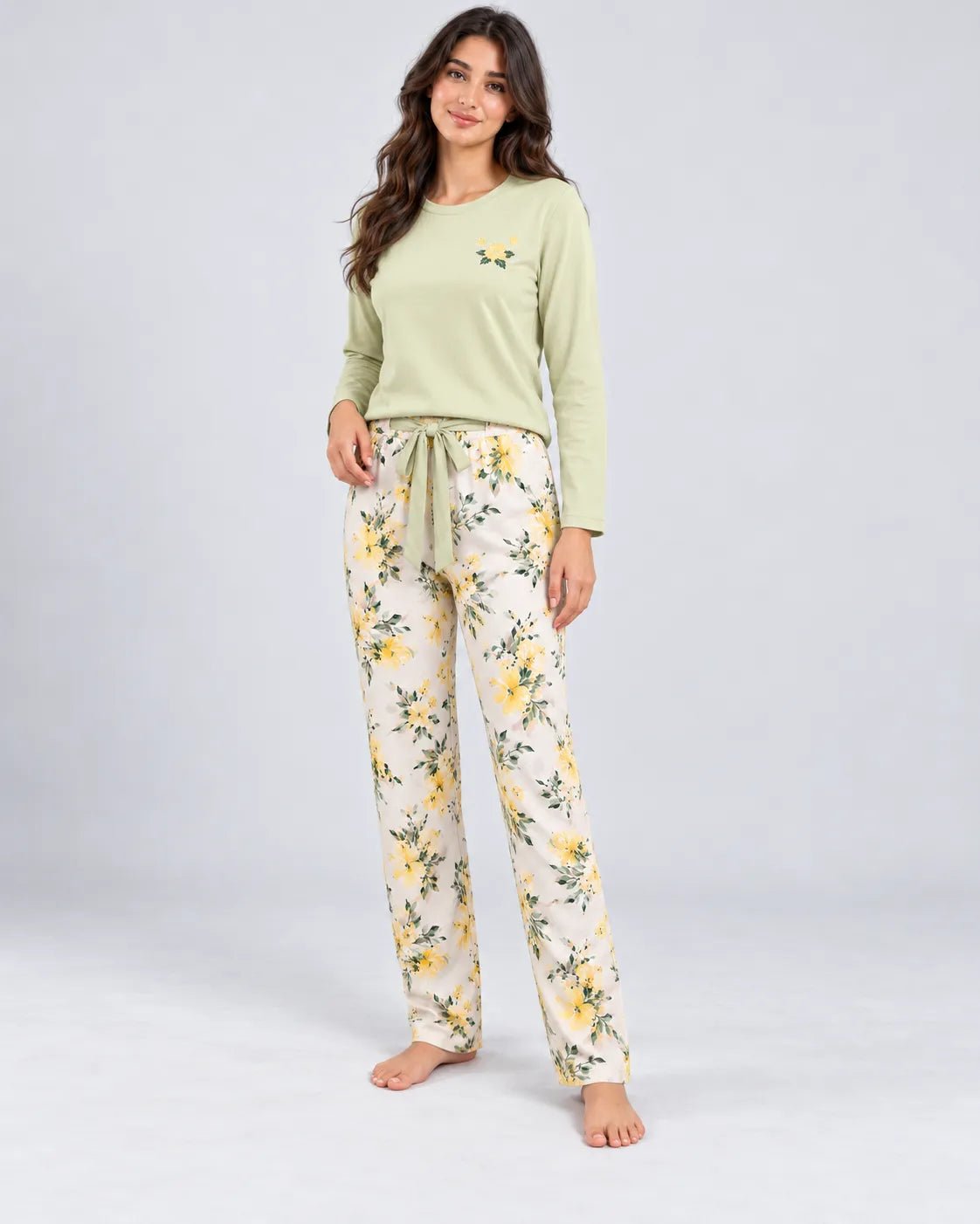 Pyjama Femme Vert Sauge Fleuri à Manches Longues - La Sprezzatura pyjamas