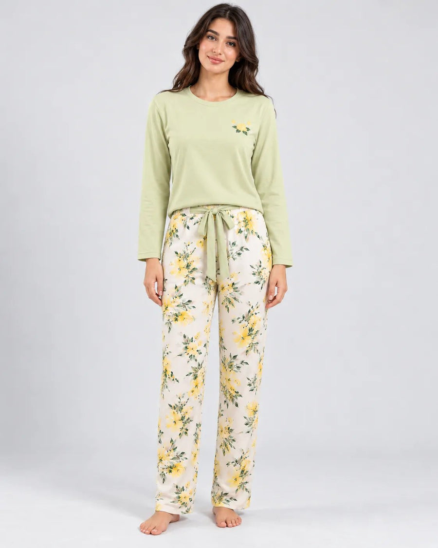 Pyjama Femme Vert Sauge Fleuri à Manches Longues