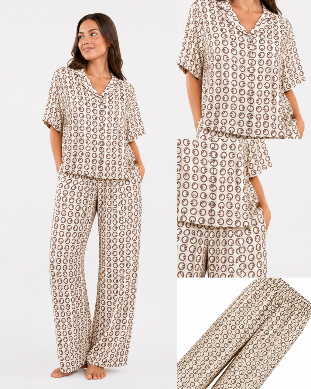 Pyjama Satin Monogramme Beige – Coupe Oversize