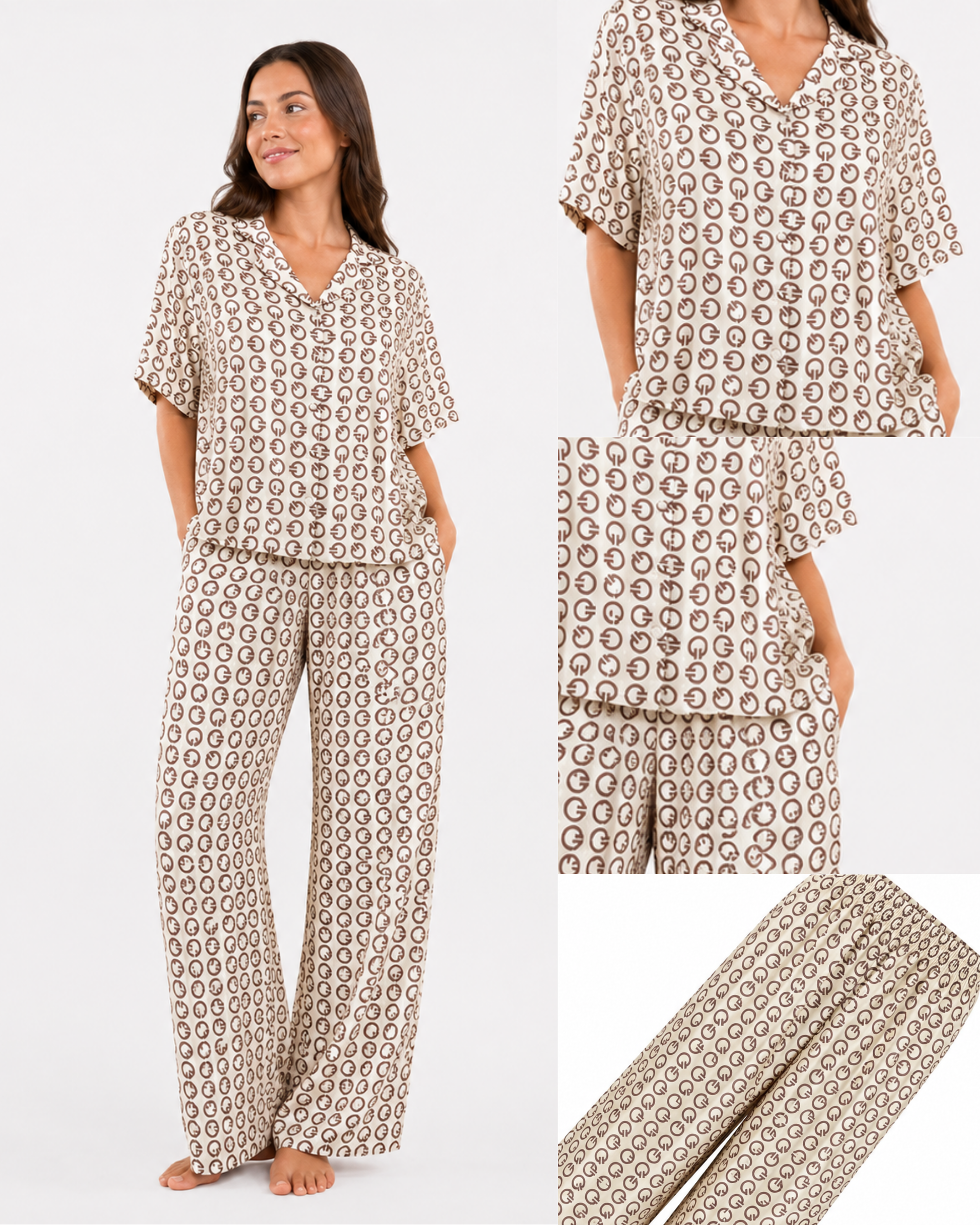 Pyjama Satin Monogramme Beige – Coupe Oversize