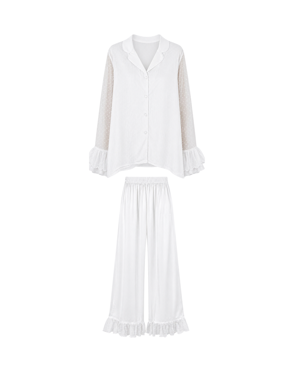 Pyjama Satin Blanc 2 Pièces — Chemise Transparente & Pantalon Volants