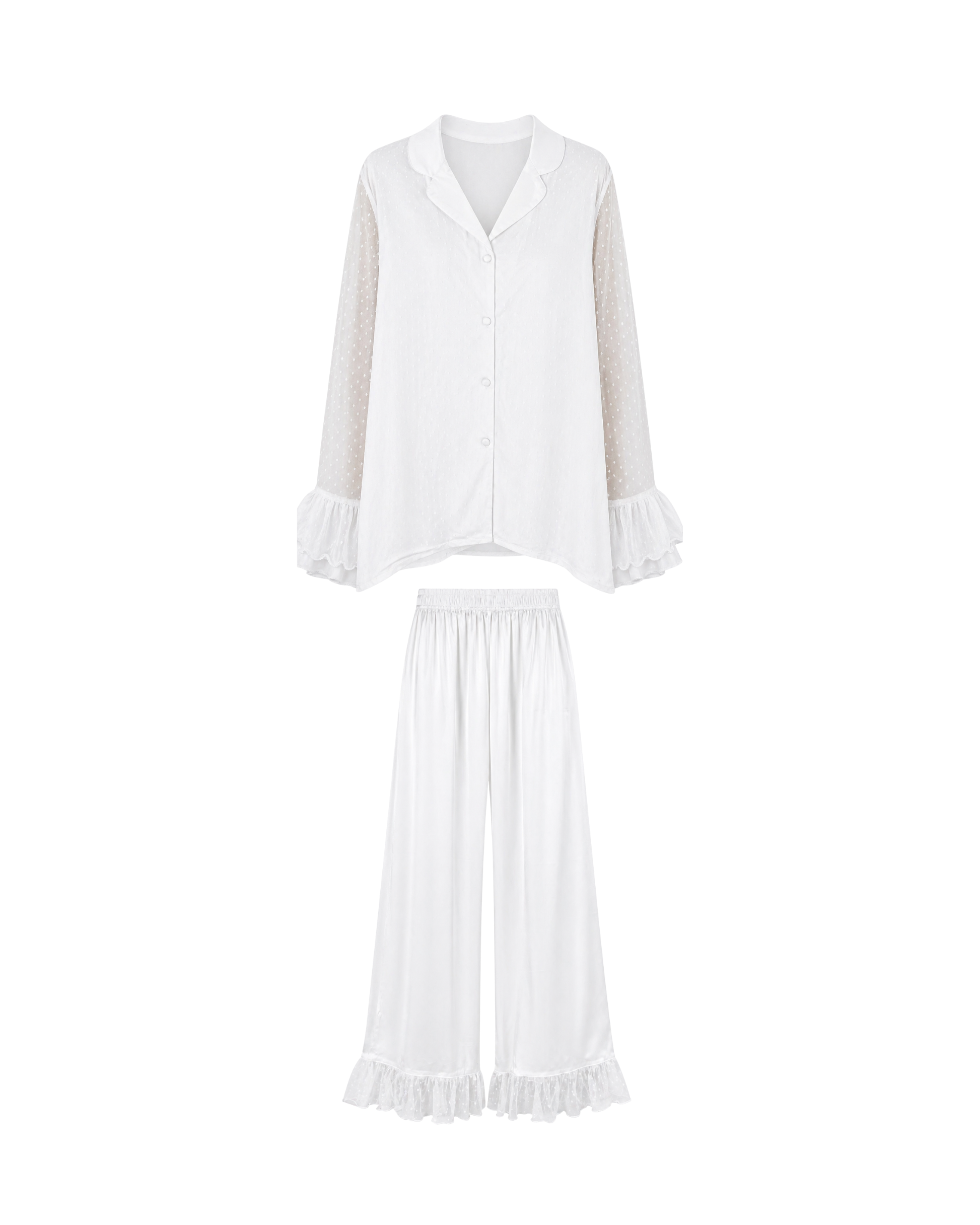 Pyjama Satin Blanc 2 Pièces — Chemise Transparente & Pantalon Volants