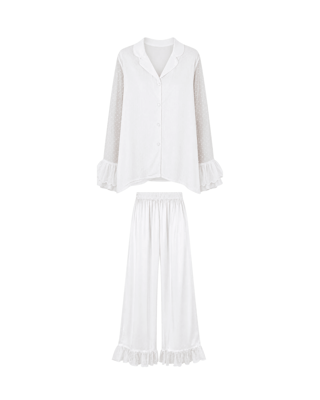 Pyjama Satin Blanc 2 Pièces — Chemise Transparente & Pantalon Volants - La Sprezzatura pyjamas