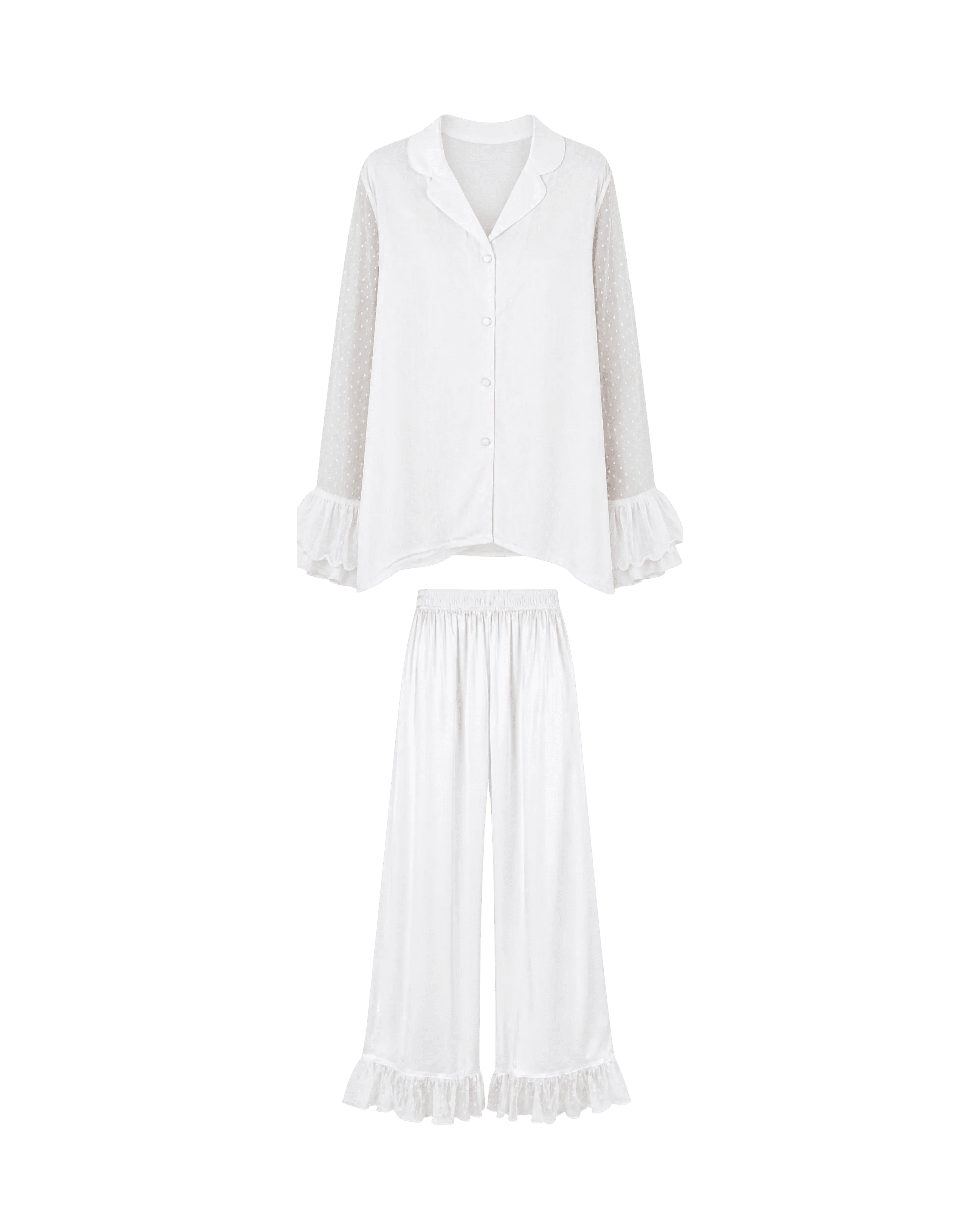 Pyjama Satin Blanc 2 Pièces — Chemise Transparente & Pantalon Volants - La Sprezzatura pyjamas