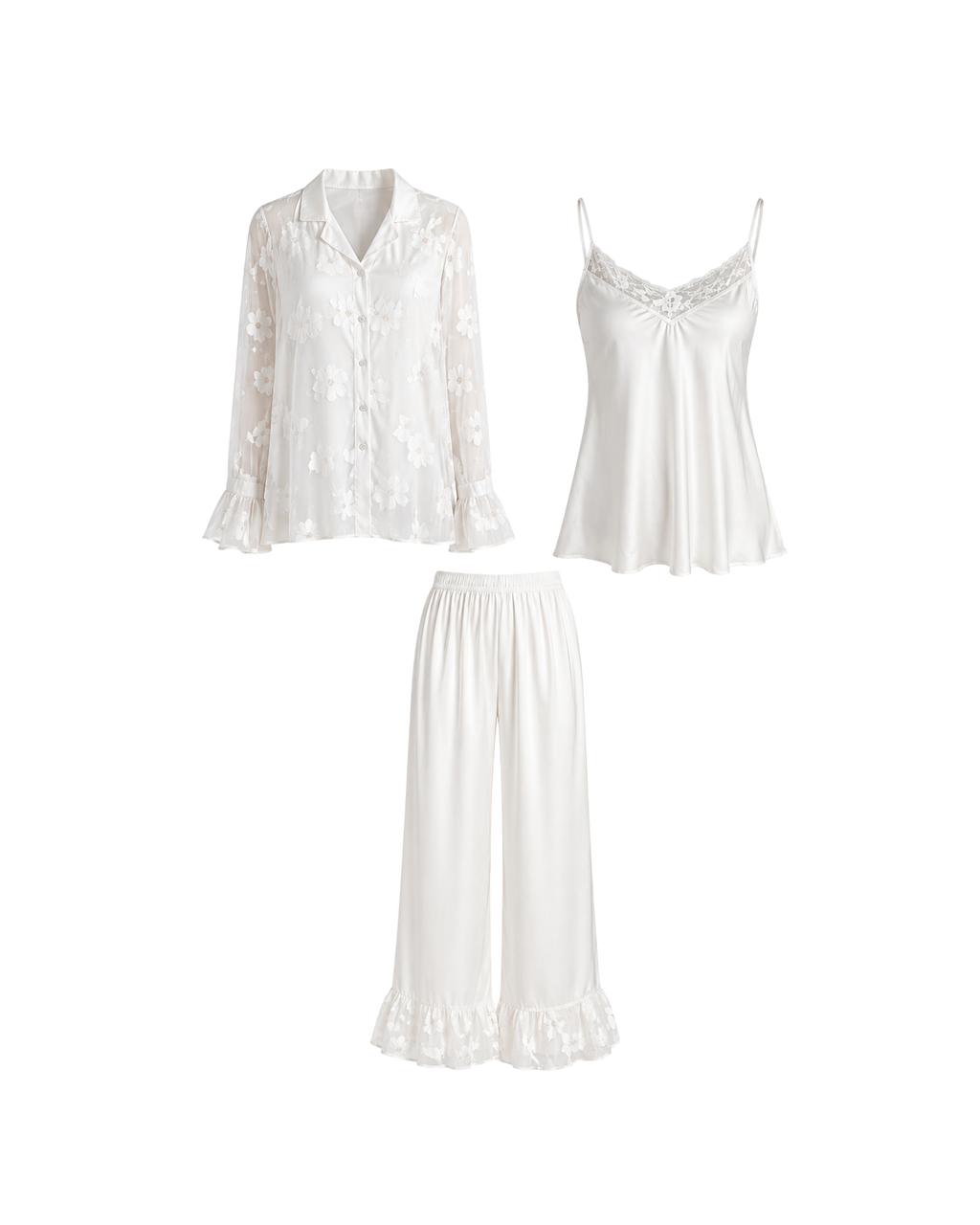 PYJAMA SATIN BLANC FLEURI 3 PIÈCES ÉLGANCE LUXE