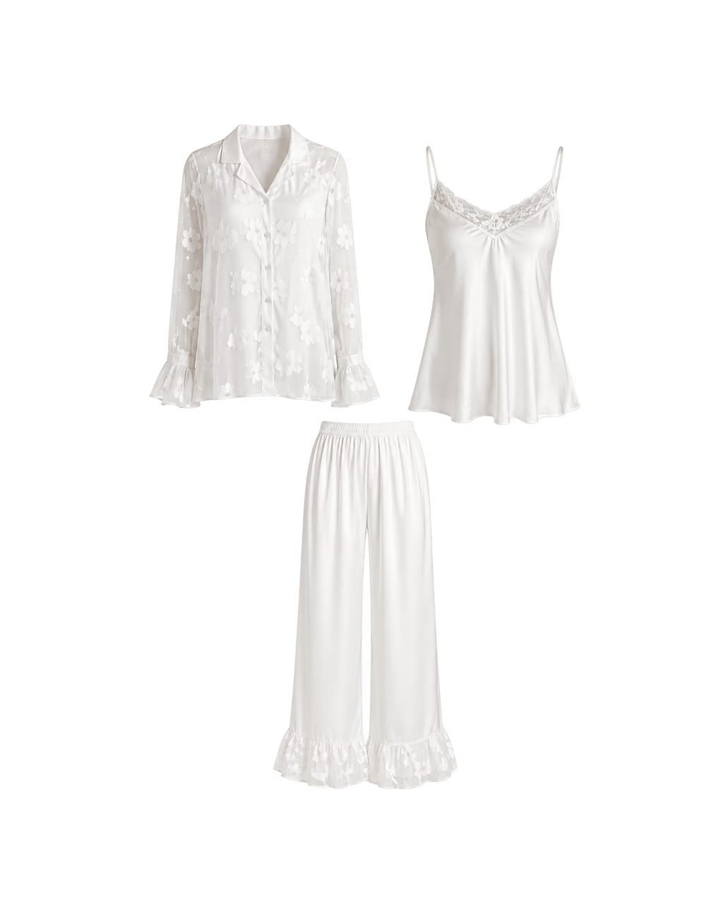 PYJAMA SATIN BLANC FLEURI 3 PIÈCES ÉLGANCE LUXE - La Sprezzatura pyjamas