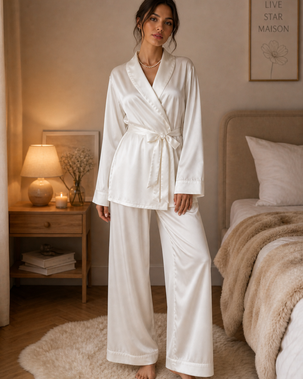 PYJAMA SATIN BLANC CACHE-CŒUR – ENSEMBLE 2 PIÈCES FEMME