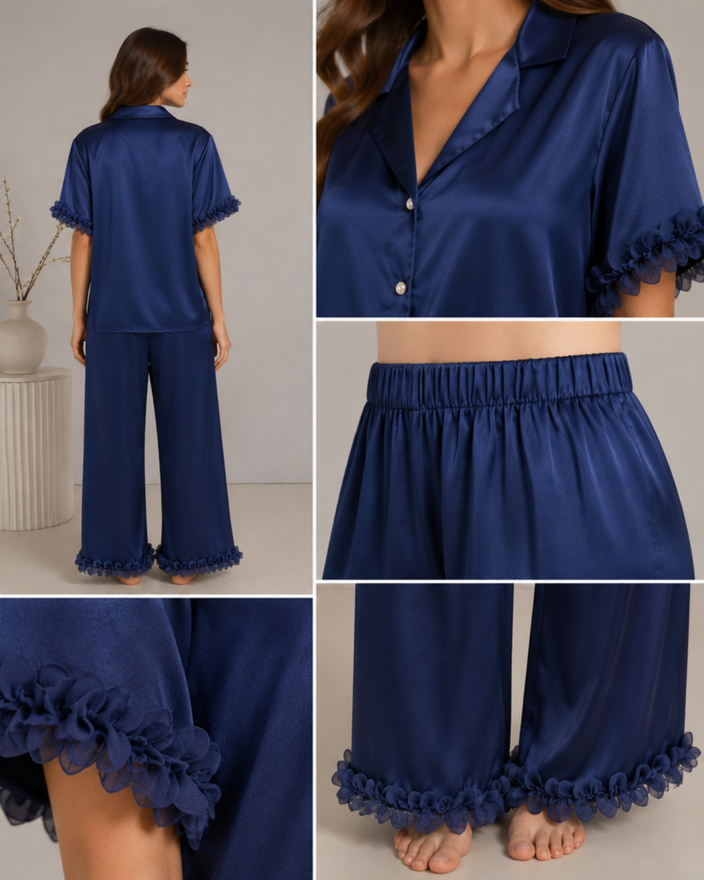 Pyjama Satin Bleu Nuit Femme | Ensemble Élégant 2 Pièces | La Sprezzatura