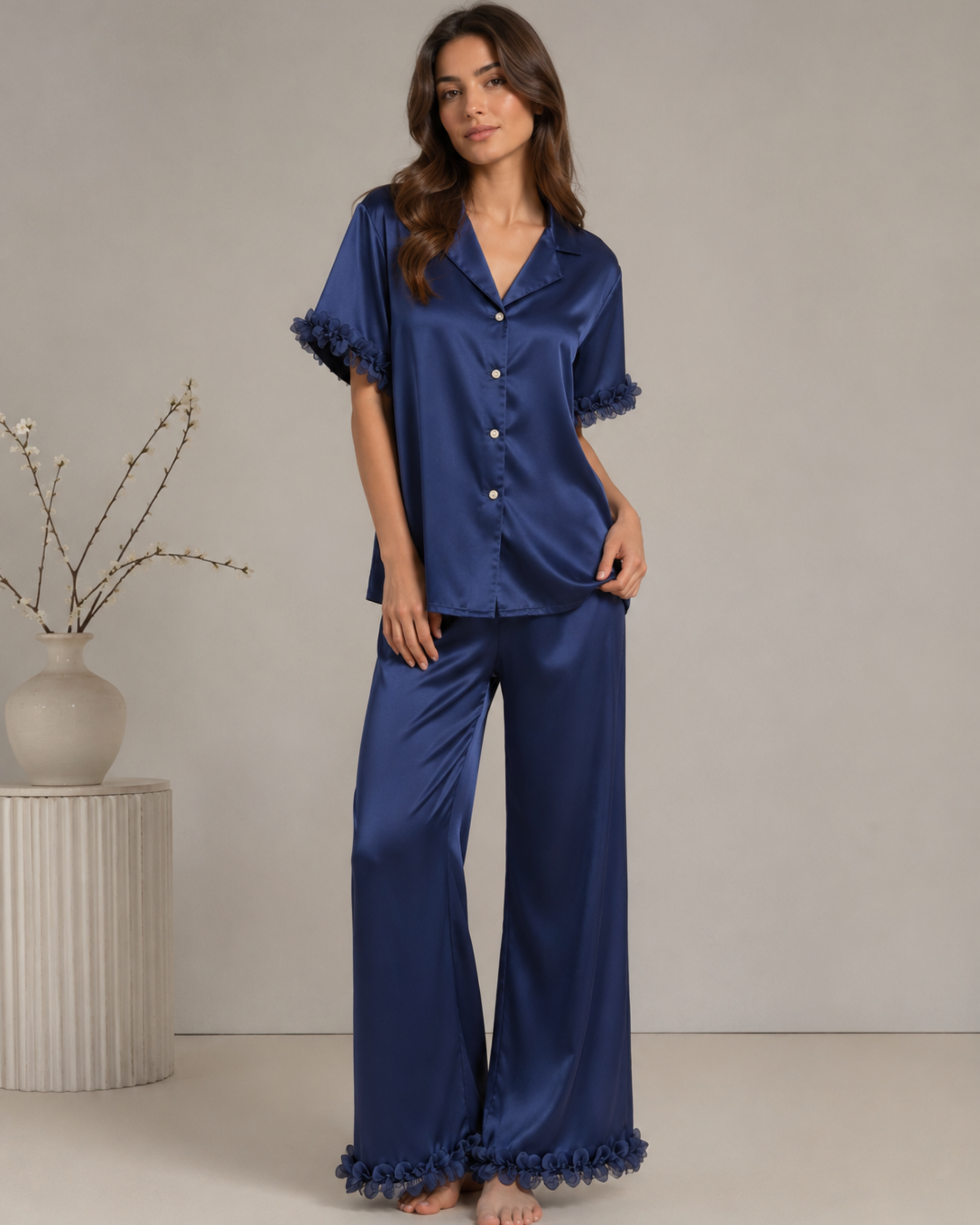 Pyjama Satin Bleu Nuit Femme | Ensemble Élégant 2 Pièces | La Sprezzatura