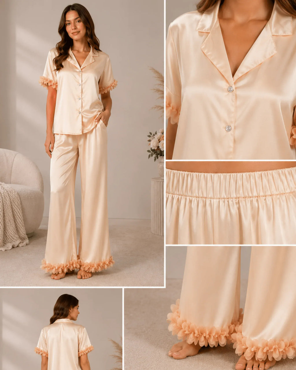 PYJAMA SATIN CHAMPAGNE À FINITIONS FLORALES - La Sprezzatura pyjamas