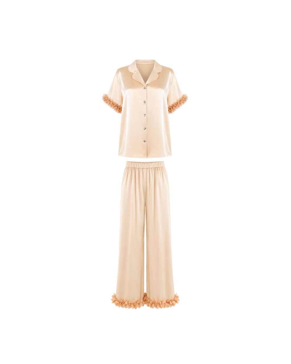 PYJAMA SATIN CHAMPAGNE À FINITIONS FLORALES