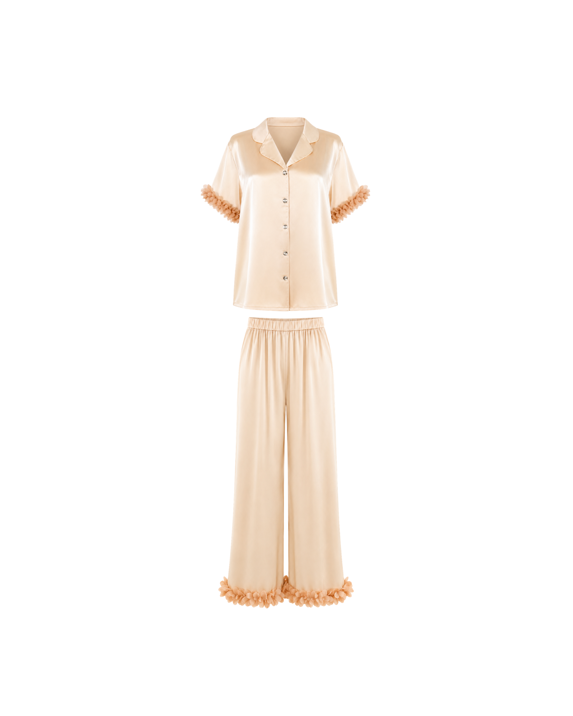 PYJAMA SATIN CHAMPAGNE À FINITIONS FLORALES