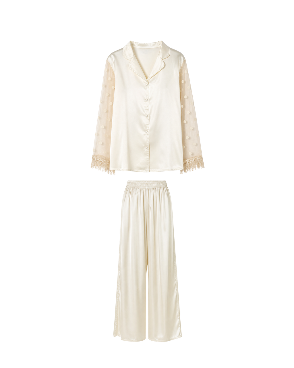 PYJAMA SATIN IVOIRE À MANCHES TRANSPARENTES – ENSEMBLE 2 PIÈCES FEMME ÉLÉGANT