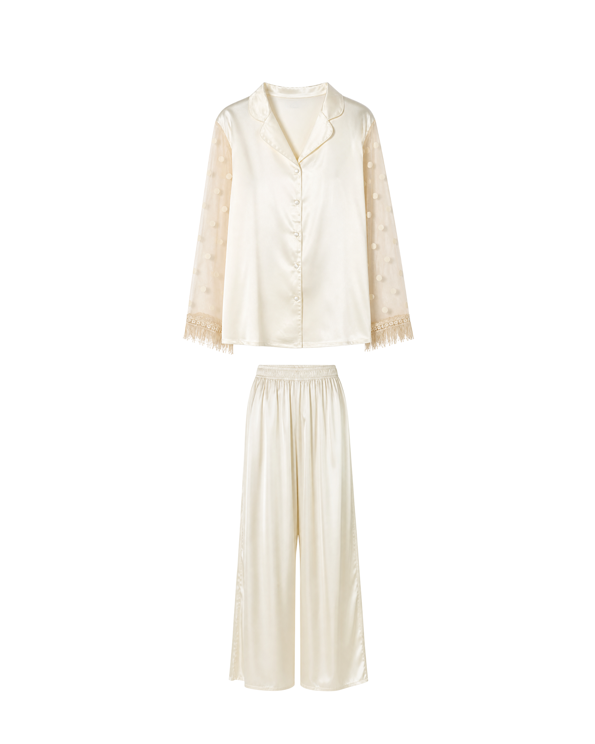 PYJAMA SATIN IVOIRE À MANCHES TRANSPARENTES – ENSEMBLE 2 PIÈCES FEMME ÉLÉGANT