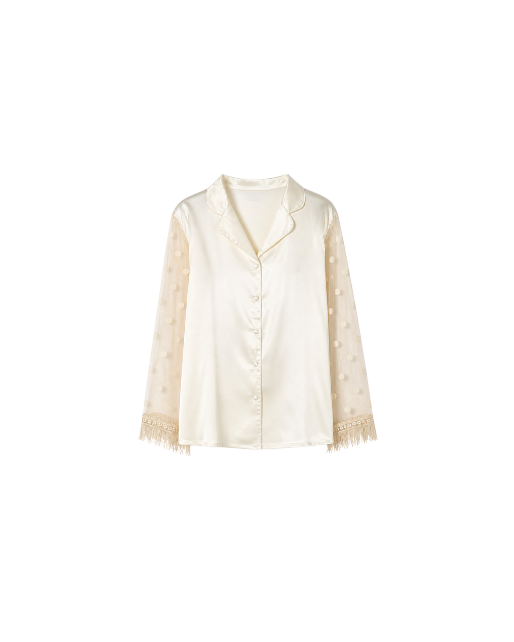 PYJAMA SATIN IVOIRE À MANCHES TRANSPARENTES – ENSEMBLE 2 PIÈCES FEMME ÉLÉGANT