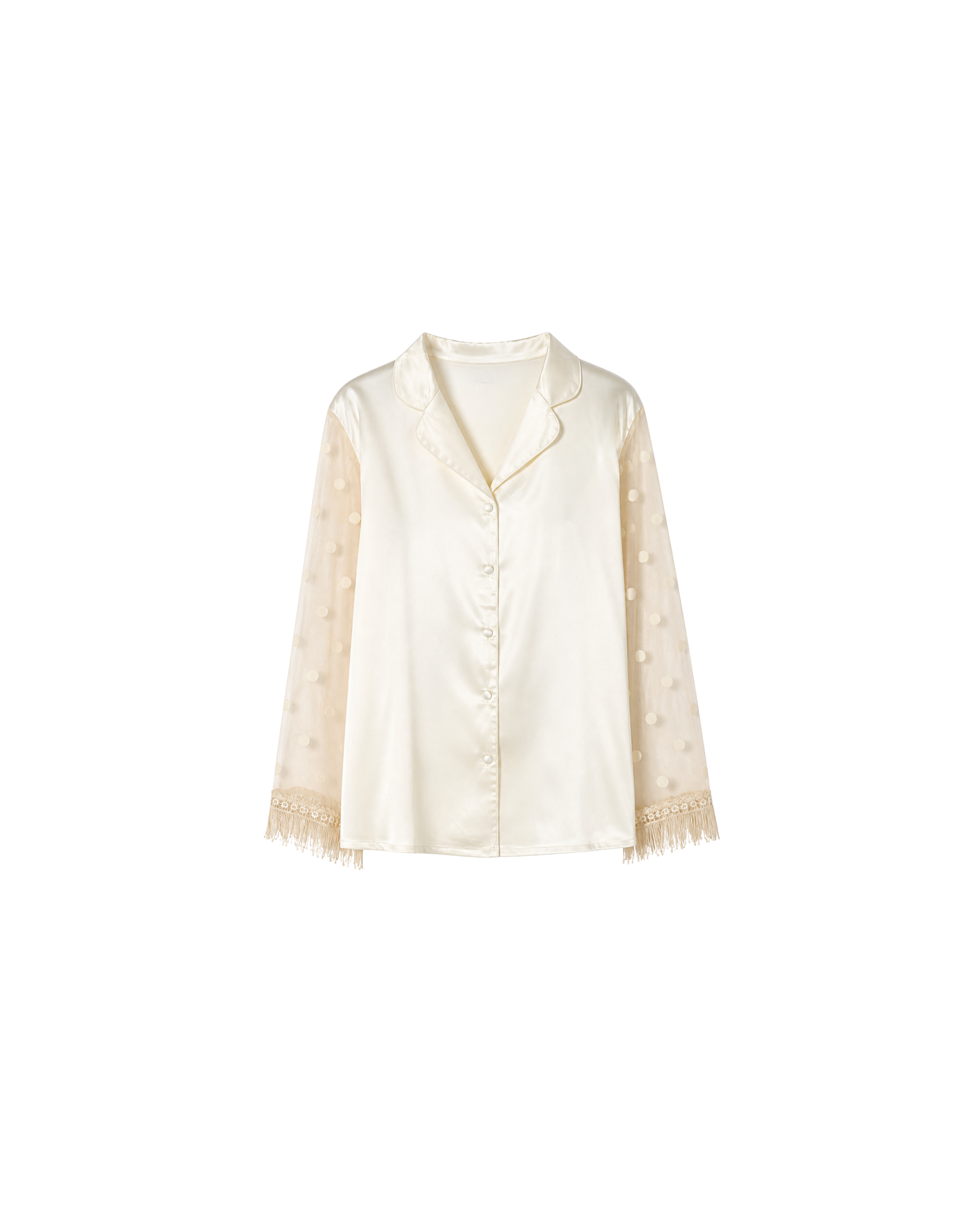 PYJAMA SATIN IVOIRE À MANCHES TRANSPARENTES – ENSEMBLE 2 PIÈCES FEMME ÉLÉGANT